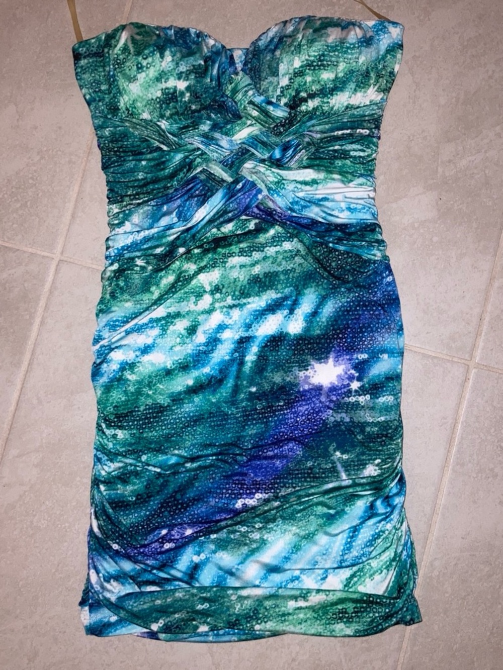 Body Central Strapless Blue, Teal & Green Printed Bodycon Dress
